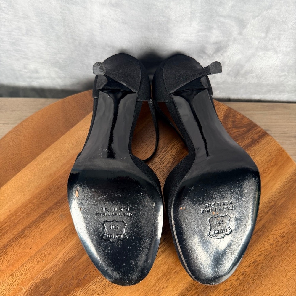 Stuart Weitzman Shoes Womens 7.5 M Black Satin Peep Toe Jeweled T-strap Pump - Picture 13 of 16